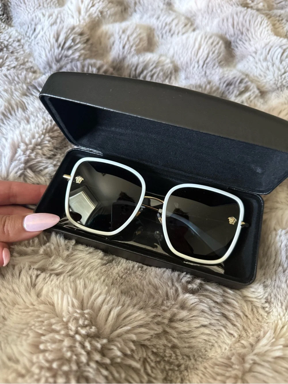 Versace White Frame Black Lens Sunglasses with Gold Accents